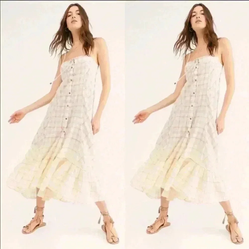 Free People Plaid City Maxi Top Ivory Combo
